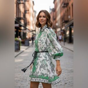 Alice + Olivia Green and Black Paisley Long Sleeve Dress